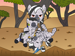 Size: 4000x3000 | Tagged: safe, alternate version, artist:theonewithoutaname, imported from derpibooru, oc, oc only, oc:nozomu, oc:palesa, oc:uzoma, zebra, butt, cactus needles, cliff, commission, cuddling, cute, desert, dirty, drool, ear piercing, earring, embrace, foal, jewelry, nose piercing, nose ring, piercing, plot, roughed up, scratches, sleeping, stone, tail, tired