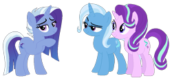Size: 905x411 | Tagged: safe, artist:riveraux, imported from derpibooru, starlight glimmer, trixie, oc, family, female, lesbian, magical lesbian spawn, offspring, parent:starlight glimmer, parent:trixie, parents:startrix, shipping, simple background, startrix, transparent background