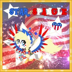 Size: 4900x4900 | Tagged: safe, artist:starspangledpony, imported from derpibooru, oc, oc only, oc:star spangle, pegasus, pony, colored wings, female, fireworks, flying, hat, mare, multicolored wings, patriotism, pegasus oc, solo, spread wings, united states, unshorn fetlocks, wings