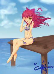 Size: 1700x2338 | Tagged: safe, artist:inkintime, imported from derpibooru, apple bloom, human, barefoot, belly button, bikini, clothes, feet, humanized, pier, solo, swimsuit, water