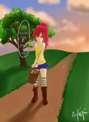 Size: 1000x1375 | Tagged: safe, artist:inkintime, imported from derpibooru, apple bloom, human, apple, apple tree, clothes, humanized, path, socks, solo, thigh highs, tree