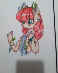 Size: 720x900 | Tagged: safe, artist:nyan.artz, imported from derpibooru, apple bloom, earth pony, pony, female, filly, flower, leaves, solo, traditional art, wrong eye color