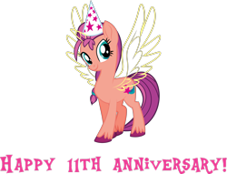 Size: 3919x2991 | Tagged: safe, alternate version, anonymous artist, derpibooru exclusive, imported from derpibooru, sunny starscout, alicorn, earth pony, pony, .svg available, artificial wings, augmented, cardboard twilight, eyelashes, female, g5, happy birthday mlp:fim, hat, high res, horn, magic, magic wings, mare, mlp fim's eleventh anniversary, my little pony: a new generation, party hat, princess sunny starscout, race swap, simple background, smiling, solo, sunnycorn, svg, transparent background, unshorn fetlocks, vector