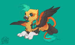 Size: 2826x1702 | Tagged: safe, artist:kez, artist:rileyisherehide, imported from derpibooru, oc, oc only, oc:atlamanticaricusika'n, griffon, collaboration, flying, green background, griffon oc, male, open mouth, simple background, smiling, solo