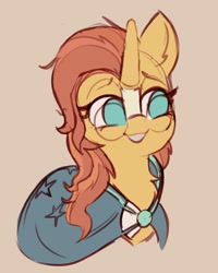 Size: 1546x1931 | Tagged: safe, artist:yoditax, imported from derpibooru, sunburst, pony, unicorn, chest fluff, cloak, clothes, colored, colored sketch, female, flat colors, glasses, mare, no pupils, rule 63, simple background, solo, sunburst's cloak, sunburst's glasses, sunstone (g4 r63 sunburst)