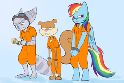 Size: 4000x2700 | Tagged: source needed, useless source url, safe, artist:carouselboi, imported from derpibooru, anthro, lombax, plantigrade anthro, unguligrade anthro, clothes, commission, cuffs, prison outfit, prisoner, prisoner rd, ratchet and clank, restrained, rivet (r&c), sandy cheeks, spongebob squarepants, trio