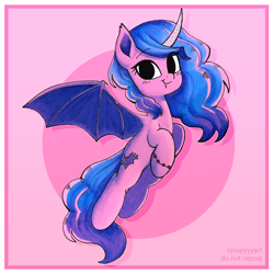 Size: 1600x1600 | Tagged: safe, artist:syrupyyy, imported from derpibooru, izzy moonbow, alicorn, bat pony, bat pony alicorn, pony, alicornified, alternate cutie mark, bat ponified, bat wings, curved horn, cute, cute little fangs, fangs, female, g5, horn, izzy moonbat, izzybetes, izzycorn, mare, my little pony: a new generation, ponytober, race swap, solo, unshorn fetlocks, wings