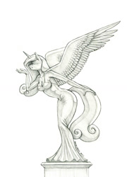 Size: 1000x1388 | Tagged: safe, artist:baron engel, imported from derpibooru, princess cadance, alicorn, anthro, blowing a kiss, clothes, dress, female, mare, monochrome, pencil drawing, simple background, solo, statue, traditional art, white background