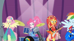 Size: 3410x1920 | Tagged: safe, imported from derpibooru, screencap, fluttershy, pinkie pie, rainbow dash, sunset shimmer, equestria girls, equestria girls series, rollercoaster of friendship, bass guitar, drums, eyes closed, female, high res, microphone, musical instrument, open mouth, photo booth (song), ponied up, sleeveless, smiling, super ponied up