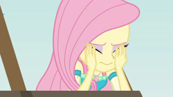 Size: 3410x1920 | Tagged: safe, imported from derpibooru, screencap, fluttershy, equestria girls, equestria girls series, rollercoaster of friendship, eyes closed, female, geode of fauna, hand on face, high res, jewelry, magical geodes, necklace, photo booth (song), solo