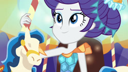 Size: 3410x1920 | Tagged: safe, imported from derpibooru, screencap, rarity, equestria girls, equestria girls series, rollercoaster of friendship, bare shoulders, carousel dress, female, high res, photo booth (song), sleeveless, smiling, solo