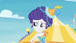 Size: 3410x1920 | Tagged: safe, imported from derpibooru, screencap, rarity, equestria girls, equestria girls series, rollercoaster of friendship, bare shoulders, carousel dress, female, hand on hip, high res, photo booth (song), sleeveless, smiling, solo