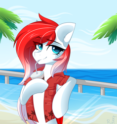 Size: 1800x1900 | Tagged: safe, artist:rinteen, imported from derpibooru, oc, oc only, oc:making amends, pegasus, pony, beach, clothes, colored wings, commission, drink, drinking, drinking straw, palm tree, shirt, signature, solo, tree, two toned wings, wings, ych result
