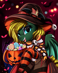 Size: 2550x3209 | Tagged: safe, artist:pridark, imported from derpibooru, part of a set, oc, oc only, oc:midnight lightning, bat pony, pony, bat pony oc, bucket, candy, clothes, commission, costume, eyeshadow, female, food, halloween, hat, high res, holiday, jack-o-lantern, makeup, mare, open mouth, part of a series, pumpkin, pumpkin bucket, socks, solo, striped socks, witch hat, ych result