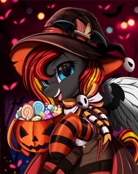 Size: 2550x3209 | Tagged: safe, artist:pridark, imported from derpibooru, part of a set, oc, oc only, pegasus, pony, bucket, candy, clothes, commission, costume, female, food, halloween, hat, high res, holiday, jack-o-lantern, mare, open mouth, part of a series, pegasus oc, pumpkin, pumpkin bucket, socks, solo, striped socks, witch hat, ych result