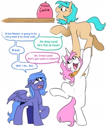 Size: 1767x2103 | Tagged: safe, artist:redxbacon, imported from derpibooru, princess celestia, princess luna, oc, oc:princess vita, earth pony, pegasus, pony, unicorn, carrying, cewestia, comic, cookie, cookie jar, female, filly, food, freckles, open mouth, open smile, pegasus luna, pink-mane celestia, race swap, royal sisters, siblings, sisters, smiling, unicorn celestia, woona, worried, younger