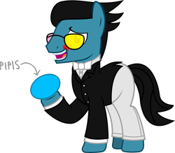 Size: 3208x2811 | Tagged: safe, artist:sketchmcreations, imported from derpibooru, oc, oc:sketch mythos, earth pony, pony, alternate hairstyle, bowtie, clothes, cosplay, costume, deltarune, downvote bait, egg, glasses, high res, male, nightmare night, open mouth, pants, pipis, raised hoof, salesman, salespony, simple background, smiling, solo, spamton, stallion, suit, sunglasses, transparent background, vector
