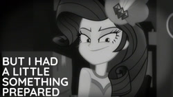 Size: 1280x720 | Tagged: safe, edit, edited screencap, editor:quoterific, imported from derpibooru, screencap, rarity, equestria girls, equestria girls series, rarity investigates: the case of the bedazzled boot, black and white, female, grayscale, monochrome, rarity investigates (eqg): trixie, smiling, smirk, solo
