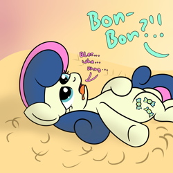 Size: 2000x2000 | Tagged: safe, artist:dafiltafish, imported from derpibooru, bon bon, sweetie drops, earth pony, pony, comic:day by day, beach, dialogue, drool, female, high res, hoof on belly, implied lyra, lidded eyes, lying down, mare, on back, open mouth, solo, tail, text, two toned mane, two toned tail, underhoof