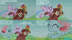 Size: 1280x720 | Tagged: safe, edit, edited screencap, editor:quoterific, imported from derpibooru, screencap, ocellus, silverstream, smolder, yona, changeling, dragon, hippogriff, yak, school daze, season 8, spoiler:s08, ^^, eyes closed, faic, female, flying, open mouth, smiling