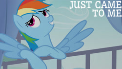 Size: 1280x720 | Tagged: safe, edit, edited screencap, editor:quoterific, imported from derpibooru, screencap, rainbow dash, pegasus, pony, season 3, spike at your service, female, grin, mare, smiling, solo, spread wings, wings
