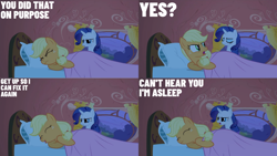 Size: 1280x720 | Tagged: safe, edit, edited screencap, editor:quoterific, imported from derpibooru, screencap, applejack, rarity, earth pony, pony, unicorn, look before you sleep, season 1, bed, blanket, eyes closed, female, golden oaks library, mare, night, open mouth