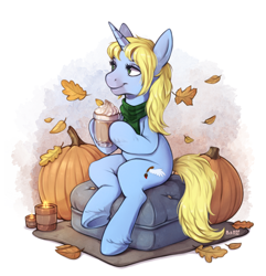 Size: 3014x3125 | Tagged: safe, artist:birdoffnorth, imported from derpibooru, oc, oc only, oc:art's desire, pony, unicorn, candle, clothes, cushion, food, high res, leaves, mug, pumpkin, scarf, solo, whipped cream