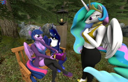 Size: 3361x2160 | Tagged: safe, artist:rainsstudio, imported from derpibooru, princess celestia, princess luna, twilight sparkle, alicorn, anthro, plantigrade anthro, 3d, alternate hairstyle, bench, clothes, crossed legs, forest, friendship journal, hand on chest, happy birthday mlp:fim, high res, implied tail hole, mlp fim's eleventh anniversary, nexgen, pants, park, short shirt, shorts, sitting, socks, source filmmaker, stockings, thigh highs, tree, wings, yoga pants