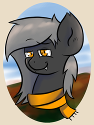 Size: 600x800 | Tagged: safe, alternate version, artist:tranzmuteproductions, imported from derpibooru, oc, oc only, oc:tranzmute, bat pony, pony, bat pony oc, bust, clothes, fangs, male, scarf, slit pupils, smiling, solo, stallion