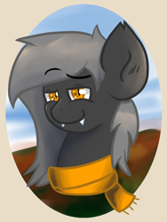 Size: 600x800 | Tagged: safe, alternate version, artist:tranzmuteproductions, imported from derpibooru, oc, oc only, oc:tranzmute, bat pony, pony, bat pony oc, bust, clothes, fangs, male, scarf, slit pupils, smiling, solo, stallion