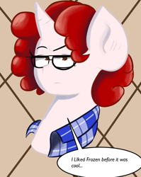 Size: 600x752 | Tagged: safe, artist:tranzmuteproductions, imported from derpibooru, oc, oc only, oc:jess, pony, unicorn, abstract background, bust, clothes, glasses, horn, solo, talking, unamused, unicorn oc