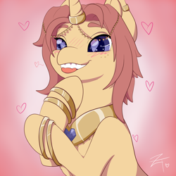 Size: 3000x3000 | Tagged: safe, artist:zombietator, imported from derpibooru, oc, oc only, pony, unicorn, bracelet, bust, gradient background, heart, heart eyes, high res, horn, horn jewelry, horn ring, jewelry, peytral, ring, signature, solo, unicorn oc, wingding eyes
