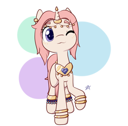 Size: 3000x2950 | Tagged: safe, artist:zombietator, imported from derpibooru, oc, oc only, pony, unicorn, abstract background, bracelet, female, high res, horn, horn jewelry, horn ring, jewelry, mare, one eye closed, raised hoof, ring, signature, smiling, solo, unicorn oc, wink