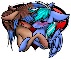 Size: 1458x1220 | Tagged: safe, artist:sketchytwi, imported from derpibooru, oc, oc only, pegasus, pony, unicorn, blushing, bust, commission, ear fluff, floppy ears, heart, horn, hug, male, oc x oc, pegasus oc, shipping, simple background, smiling, stallion, transparent background, unicorn oc, wings, ych result