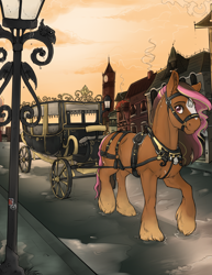 Size: 1700x2200 | Tagged: safe, artist:royvdhel-art, imported from derpibooru, oc, oc only, oc:miri aeronwen, earth pony, pony, adventure in the comments, blaze (coat marking), breeching, brown coat, building, carriage, coat markings, earth pony oc, facial markings, featured image, female, gradient legs, harness, hoers, lantern, long feather, mare, multicolored hair, outdoors, pink eyes, pink mane, smiling, solo, street, street lamp, tack, unshorn fetlocks