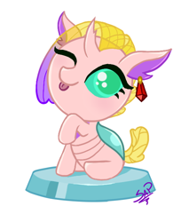 Size: 528x620 | Tagged: safe, artist:cuervo-of-cristal, imported from derpibooru, oc, oc only, changedling, changeling, :p, changedling oc, changeling oc, chibi, ear piercing, eyelashes, female, one eye closed, piercing, pocket ponies, raised hoof, signature, simple background, solo, tongue out, white background, wink