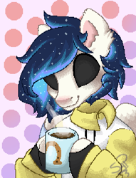 Size: 540x708 | Tagged: safe, artist:cuervo-of-cristal, imported from derpibooru, oc, oc only, anthro, pegasus, black sclera, bust, coffee, ear fluff, ethereal mane, floating head, mug, pegasus oc, pixel art, polka dot background, signature, starry mane, wings