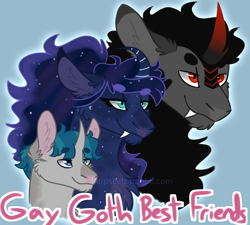 Size: 640x576 | Tagged: safe, artist:harpsealz, imported from derpibooru, king sombra, princess luna, stygian, pony, unicorn, alternate design, best friends, blue background, cheek fluff, chin fluff, digital drawing, ear fluff, ethereal mane, eyebrows, eyebrows visible through hair, fangs, glowing, goth, horn, lidded eyes, male, prince artemis, rule 63, simple background, smiling, smirk, stallion, starry mane, trio male, tumblr, watermark