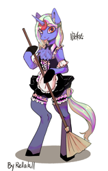 Size: 1292x2048 | Tagged: safe, artist:rellakill, derpibooru exclusive, imported from derpibooru, oc, oc only, oc:serene secrets, semi-anthro, unicorn, :p, broom, chest fluff, chinese, clothes, crossdressing, horn, maid, male, simple background, solo, standing up, tongue out, unicorn oc, white background