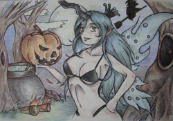 Size: 1600x1123 | Tagged: safe, artist:zumilian, imported from derpibooru, queen chrysalis, human, bikini, breasts, broom, cauldron, clothes, elf ears, female, flying, flying broomstick, halloween, holiday, horn, horned humanization, humanized, jack-o-lantern, moon, pinup, pumpkin, solo, swimsuit, traditional art, tree, winged humanization, wings