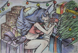 Size: 1600x1093 | Tagged: safe, artist:zumilian, imported from derpibooru, princess luna, human, christmas, christmas lights, christmas tree, clothes, costume, female, holiday, horn, horned humanization, humanized, midriff, present, santa costume, santa sack, solo, traditional art, tree, winged humanization, wings