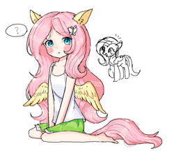 Size: 956x838 | Tagged: safe, artist:dddreamdraw, imported from derpibooru, fluttershy, human, pegasus, pony, blushing, cute, eared humanization, humanized, question mark, self paradox, self ponidox, shyabetes, sleeveless, tail, tailed humanization, winged humanization, wings