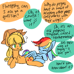 Size: 1000x1000 | Tagged: safe, artist:snowzaaah, imported from derpibooru, applejack, rainbow dash, earth pony, pegasus, pony, appledash, butt touch, comic, dialogue, feathermarking, female, implied fluttershy, lesbian, mlp fim's eleventh anniversary, offscreen character, question mark, shipping