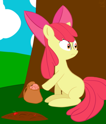 Size: 580x680 | Tagged: safe, artist:sylphanscribe, imported from derpibooru, apple bloom, earth pony, pony, apple, backpack, female, filly, food, solo