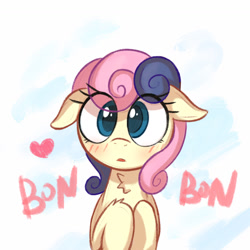 Size: 1344x1344 | Tagged: safe, artist:kqaii, imported from derpibooru, bon bon, sweetie drops, earth pony, pony, adorabon, blushing, cel shading, chest fluff, cute, female, floppy ears, heart, mare, shading, solo, weapons-grade cute