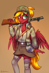 Size: 2000x3000 | Tagged: safe, artist:jedayskayvoker, imported from derpibooru, oc, oc only, oc:moonatik, anthro, pegasus, clothes, crossdressing, cute, gradient background, gun, high res, jacket, looking at you, male, ppsh-41, skirt, solo, stallion, stockings, thigh highs, weapon