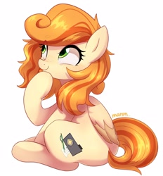 Size: 2002x2160 | Tagged: safe, artist:maren, imported from derpibooru, oc, oc only, oc:megan rouge, pegasus, pony, freckles, green eyes, high res, looking up, redhead, simple background, sitting, smiling, solo, tongue out, white background