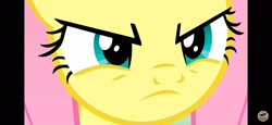 Size: 2340x1080 | Tagged: safe, imported from derpibooru, screencap, fluttershy, pegasus, pony, season 9, sweet and smoky, angry, badass, close-up, eyelashes, flutterbadass, fluttershy is not amused, narrowed eyes, solo, stare, this will not end well, unamused