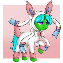 Size: 700x700 | Tagged: safe, artist:micaza_, imported from derpibooru, oc, oc only, oc:green byte, pony, sylveon, unicorn, clothes, commission, hoodie, male, pokémon, solo, stallion, ych result