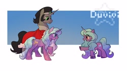 Size: 3333x1875 | Tagged: safe, artist:duvivi, idw, imported from derpibooru, izzy moonbow, king sombra, radiant hope, crystal pony, pony, unicorn, female, g5, male, mare, my little pony: a new generation, reformed sombra, smiling, stallion